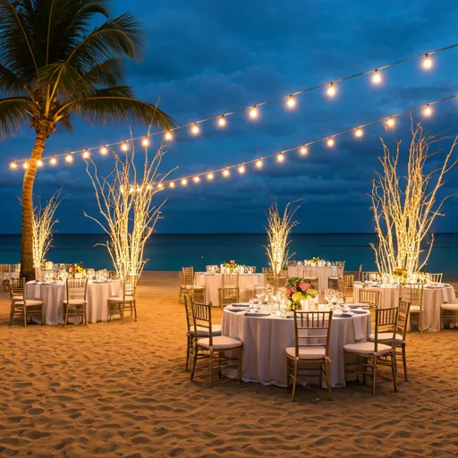 Elegant outdoor corporate event setup on a tropical beach at dusk with sophisticated lighting and dining arrangements