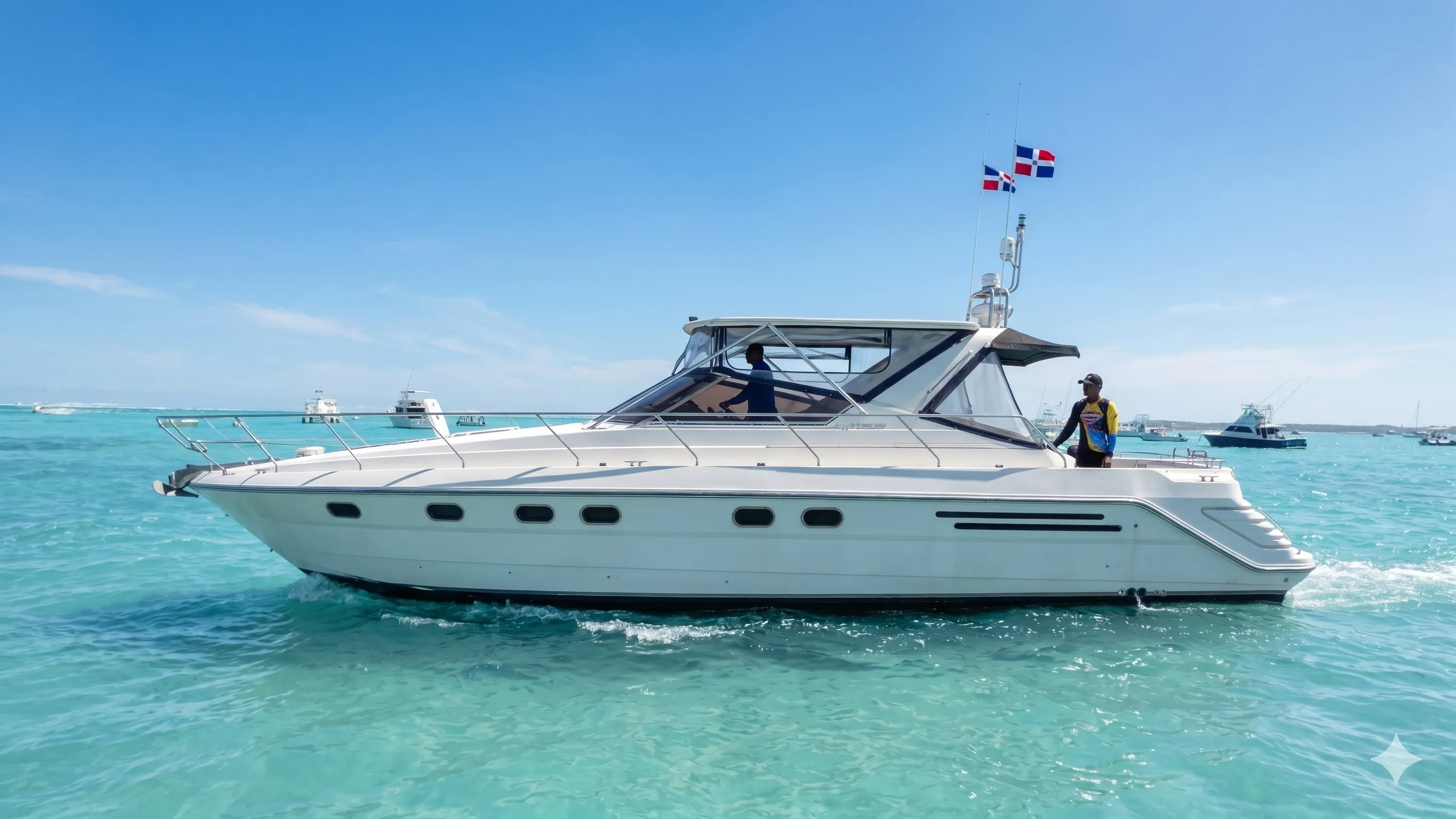Sleek white private yacht for parties and fun in Punta Cana, cruising on vibrant Caribbean waters