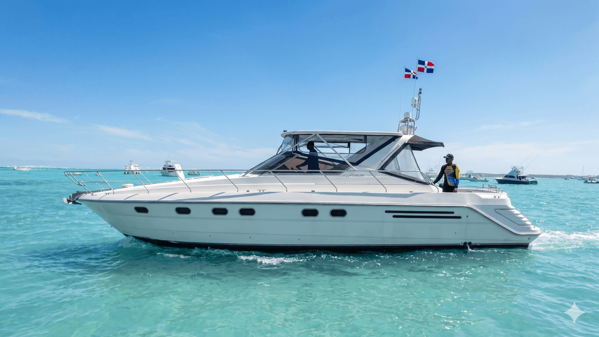 Sleek white private yacht for parties and fun in Punta Cana, cruising on vibrant Caribbean waters
